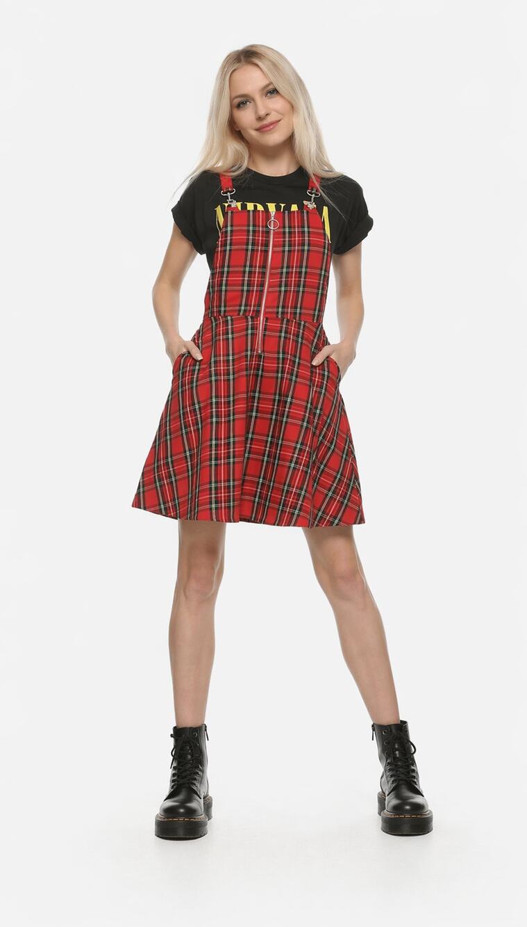 Hot Topic Cotton Plaid O-Ring Skirtall Overall Dress Sz Small Pockets Red Black